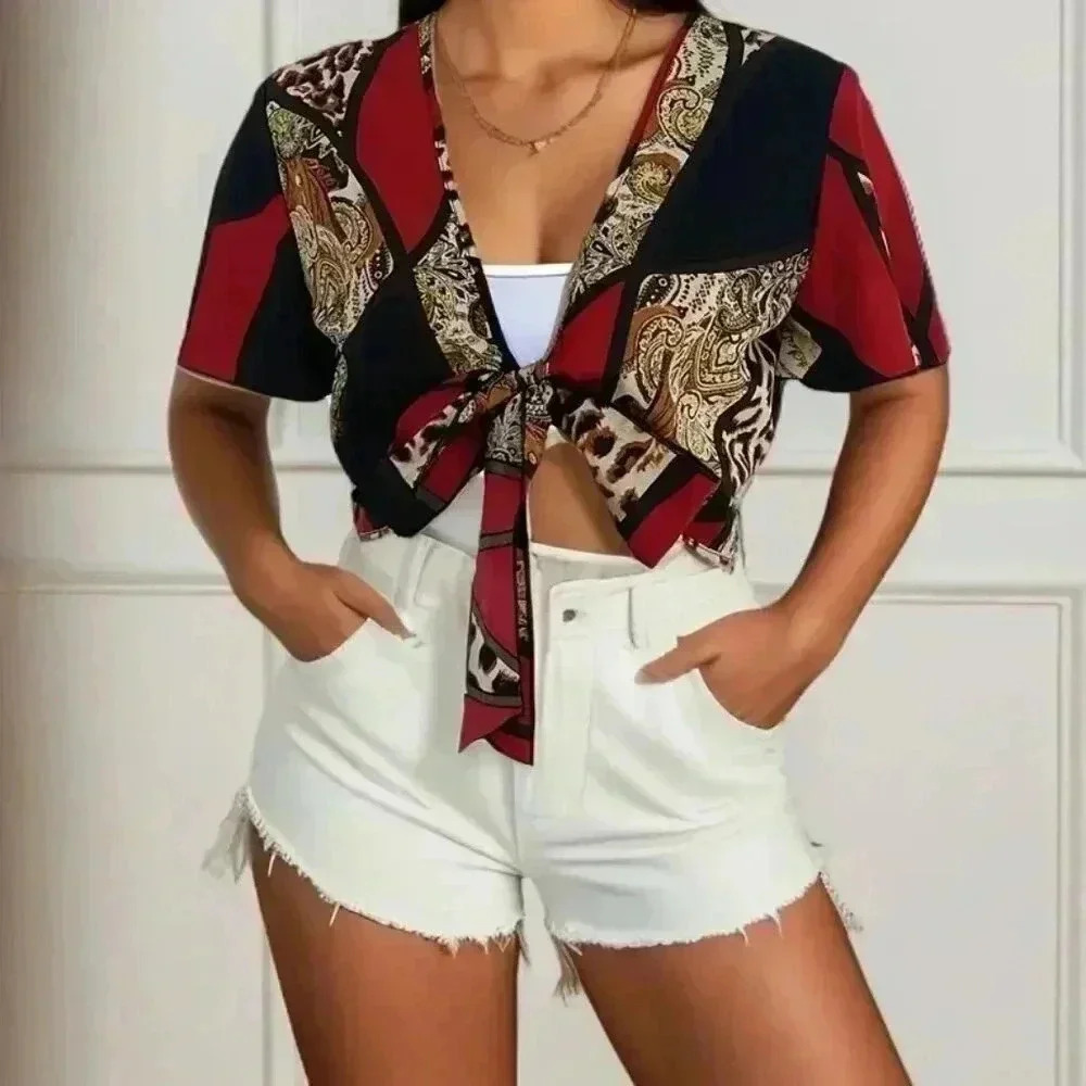 Sexy Tie Front V-neck Crop Blouse (Color: Mixed Color)